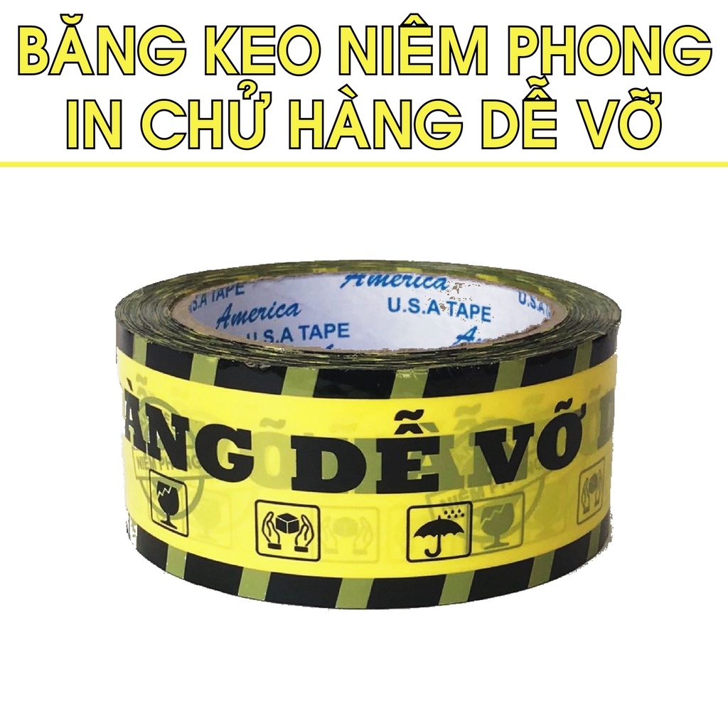 Băng keo HÀNG DỄ VỠ màu VÀNG, bản 4F8, dày 50Mic, nặng 1.0kg/cây, băng keo dán hộp, dán thùng - CPBox