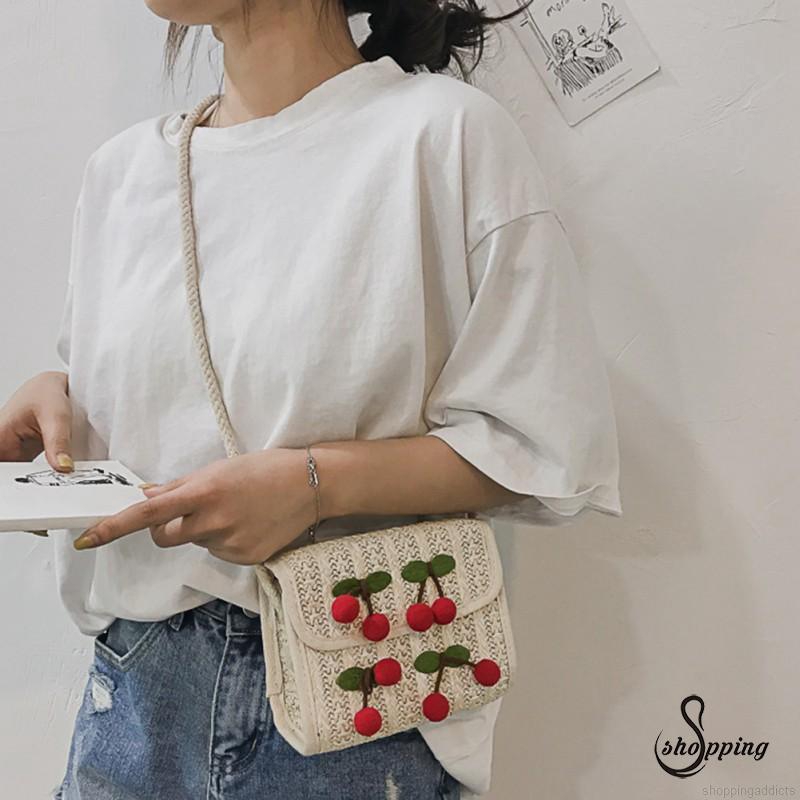 Túi cói đeo chéo họa tiết trái cherry xinh xắn cho nữ | BigBuy360 - bigbuy360.vn