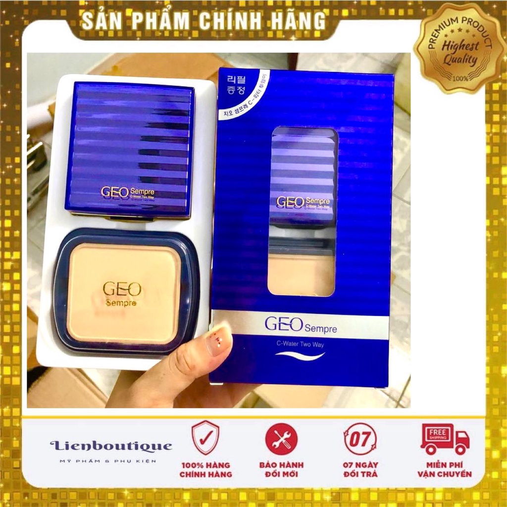 Phấn Phủ Siêu Mịn 2 Lõi GEO Sempre C-Water Two Way Hộp Xanh Tím 10.5g Hàn Quốc