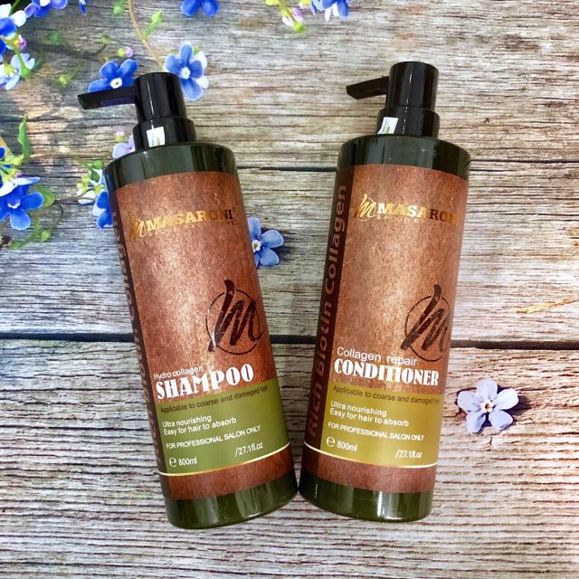 Bộ dầu gội xả phục hồi siêu mượt tóc Masaroni Rich Biotin Collagen 800ml x2