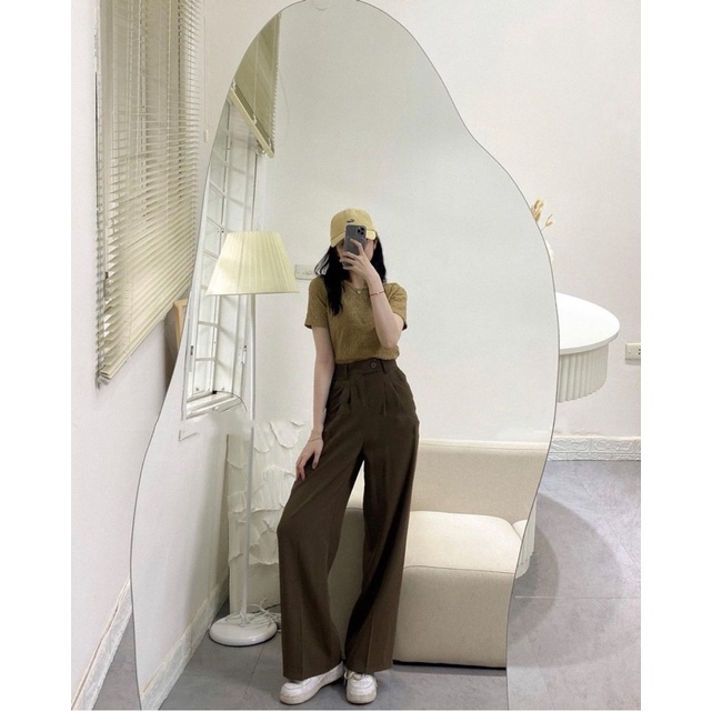 Quần ống rộng cạp lệch vải ruby cao cấp chất đẹp dày dặn không nhăn lưng cao hách dáng jeanfangu