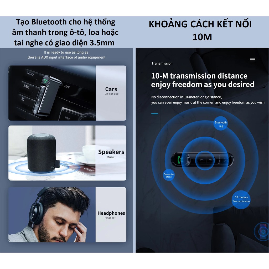 Thiết bị tạo Bluetooth cho loa trong ô-tô Baseus Type7 AUX Wireless Receiver WXQY-01