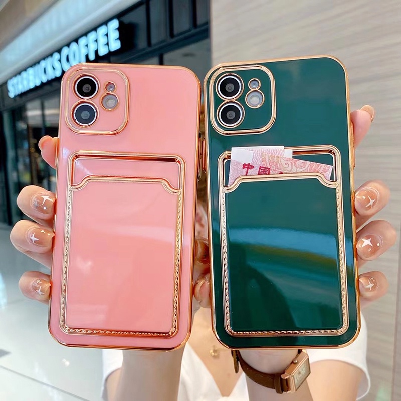 Ốp Điện Thoại TPU Mềm Màu Trơn Có Ngăn Đựng Thẻ Mạ Điện Cho iPhone 13 12 11 Pro Max XS XR X 8 7 Plus + SE 2020