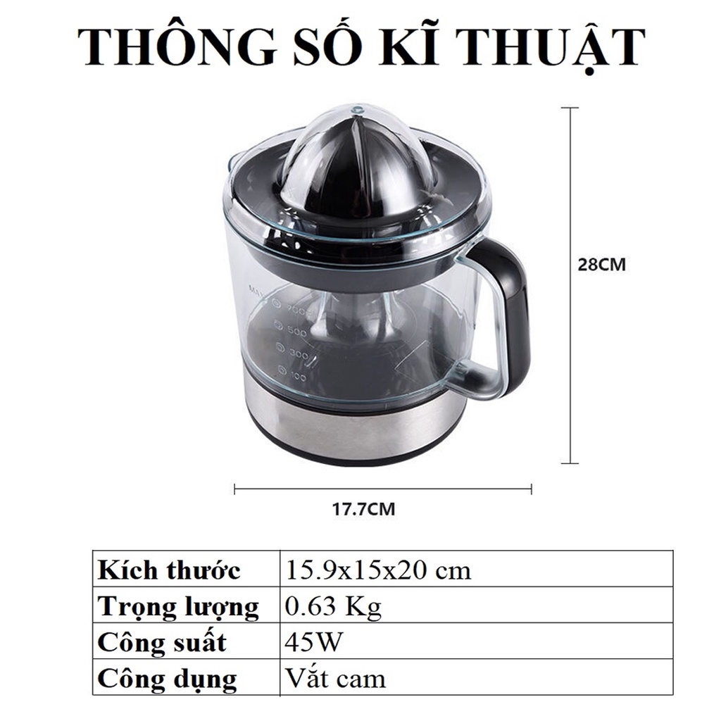 Máy Vắt Cam Inox Tự Động, Dung Tích 700ml, Công Suất 45W, Thân Máy Bằng Inox Cao Cấp, Có Khay Ngăn Hột, Lược Xác
