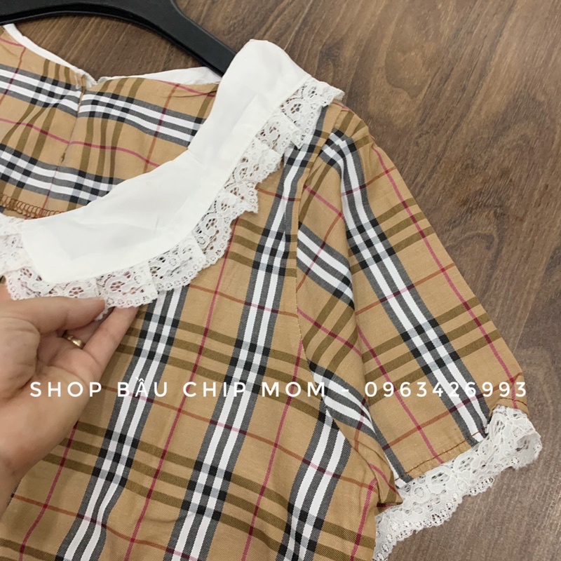 Đầm bầu, váy bầu TK cao cấp kẻ bbr cổ Ren cực xinh xắn trẻ trung V42