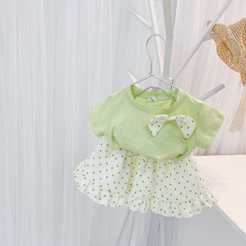 Set 2 món áo và chân váy họa tiết chấm bi phong cách phương Tây thời trang mùa hè 2021 mới cho bé gái
