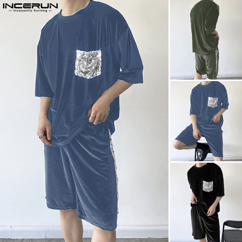 INCERUN Bộ Áo Ngắn Tay Cổ Tròn Đính Kim Sa + Quần Short Lưng Thun Thời Trang
