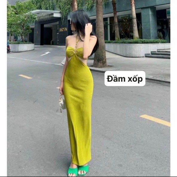 Đầm nữ khoen ngực kiểu body dáng dài cổ dây yếm hot hit 95