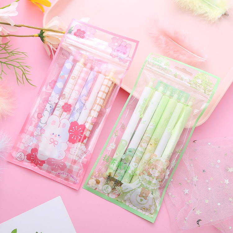 Túi 6 Bút Hoạt Hình Nhiều Mẫu Hoạt Hình Kèm Túi Zip Dễ Thương