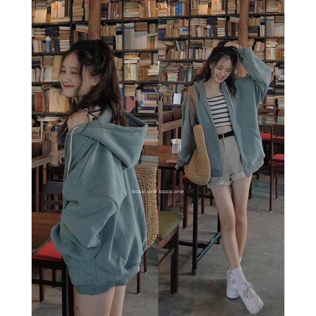 Áo khoác hoodie khoá kéo oversize tay bồng, áo zip hoodie tay bồng Bazic one