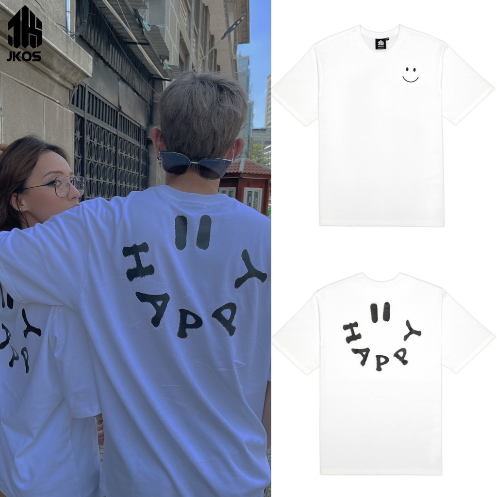 Áo thun tay lỡ JKOS HAPPY Unisex cho nam và nữ 100% Cotton form rộng áo tay lỡ độc đáo