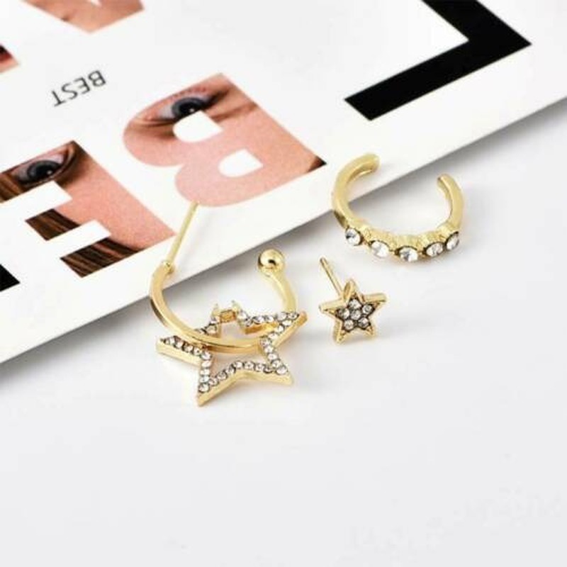 Fashion Women's Crystal Star Ear Stud Cuff Star Pendant Stud Hoop Earrings