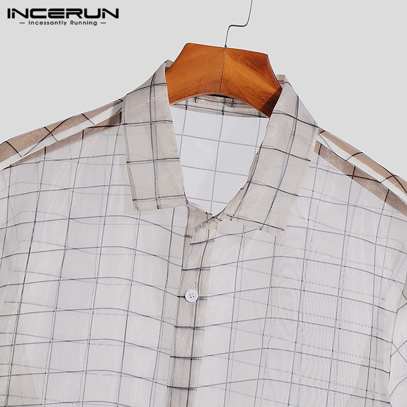 Áo sơ mi croptop INCERUN tay ngắn dáng rộng cài khuy kẻ sọc ca rô thời trang cho nam