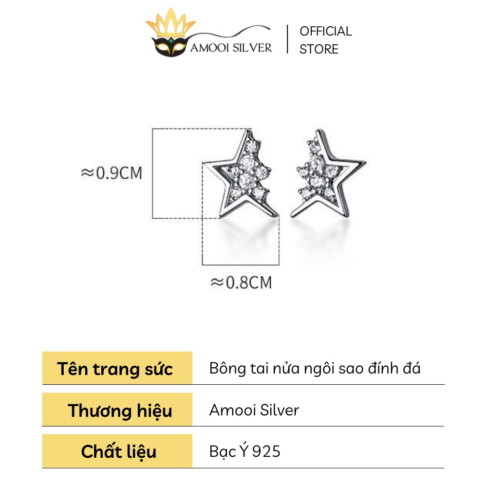 Bông Tai Bạc S925 Sao Loang Thiết Kế Nửa Ngôi Sao Đính Đá Xinh Xắn - Amooi Silver AB138