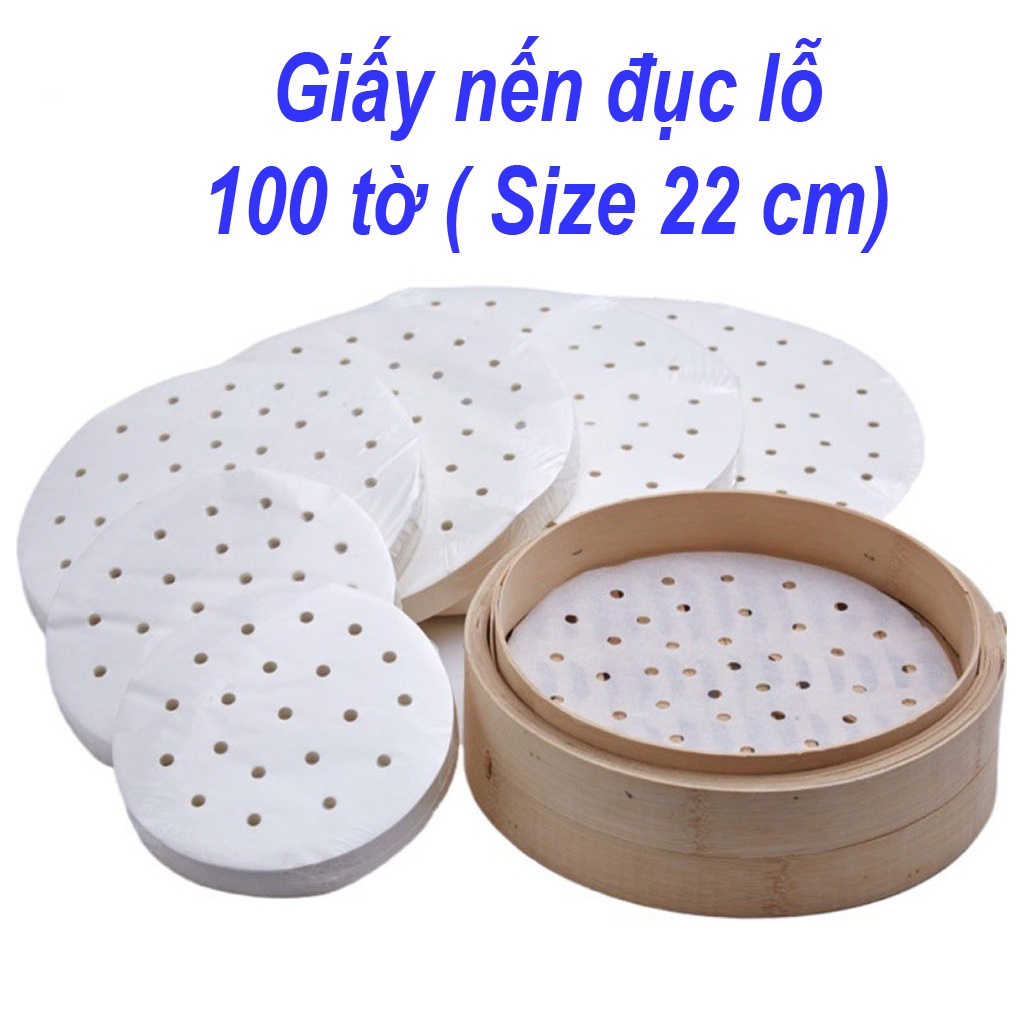 Giấy nến đục lỗ 100 tờ, giấy lót chống dính cho nồi chiên không dầu, xửng hấp, an toàn sức khỏe