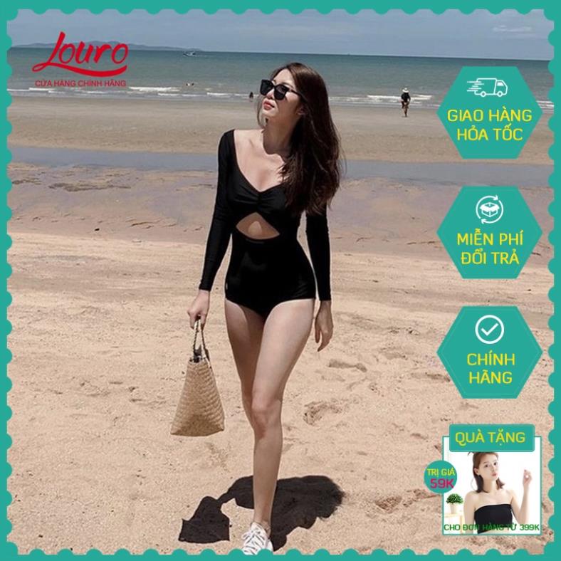 Áo bơi nữ 1 mảnh liền kín đáo Louro, kiểu bikini đi biển tay dài nhún ngực, phong cách đồ bơi Hàn Quốc - BK2 🥇