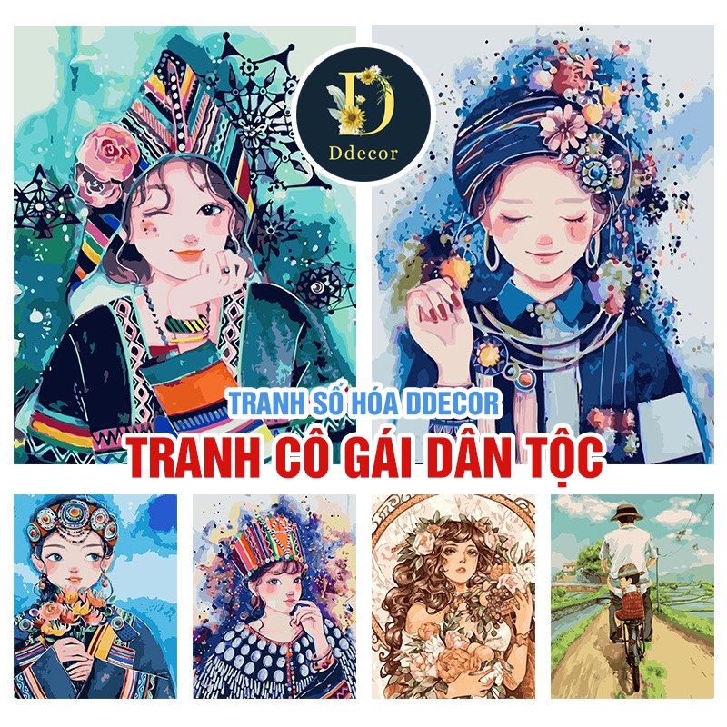 Tranh sơn dầu số hoá Tranh Tô Màu Theo Số Cô Gái Dân Tộc Đáng Yêu