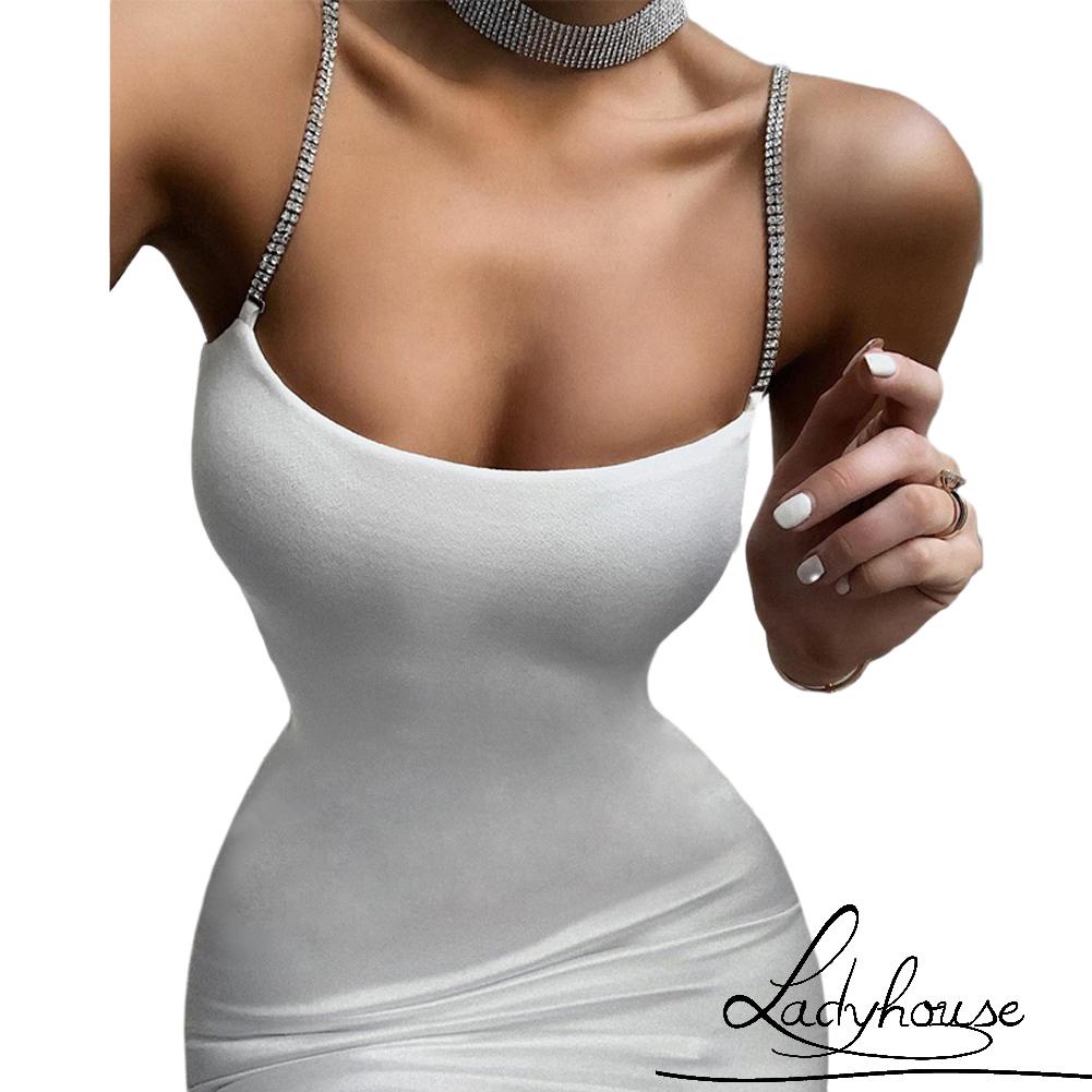 Đầm Hai Dây Mùa Hè Màu Trơn Đính Đá Hở Lưng Gợi Cảm Cho Nữ