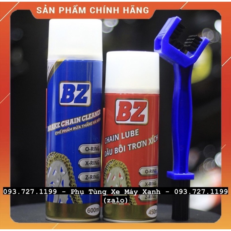 Bộ vệ sinh sên BZ gồm Bôi trơn dưỡng sên BZ + Rửa sên BZ + bàn chải sên 3D + Xịt bóng vỏ xe BZ