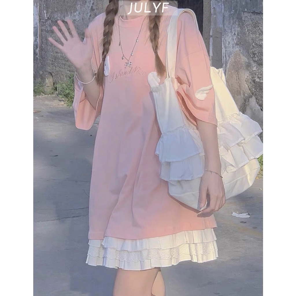 Áo phông nữ may cánh thiên thần JULYF - Thun tay lỡ form rộng màu hồng oversize, pull cộc 3158 cá tính hàn quốc ulzzang