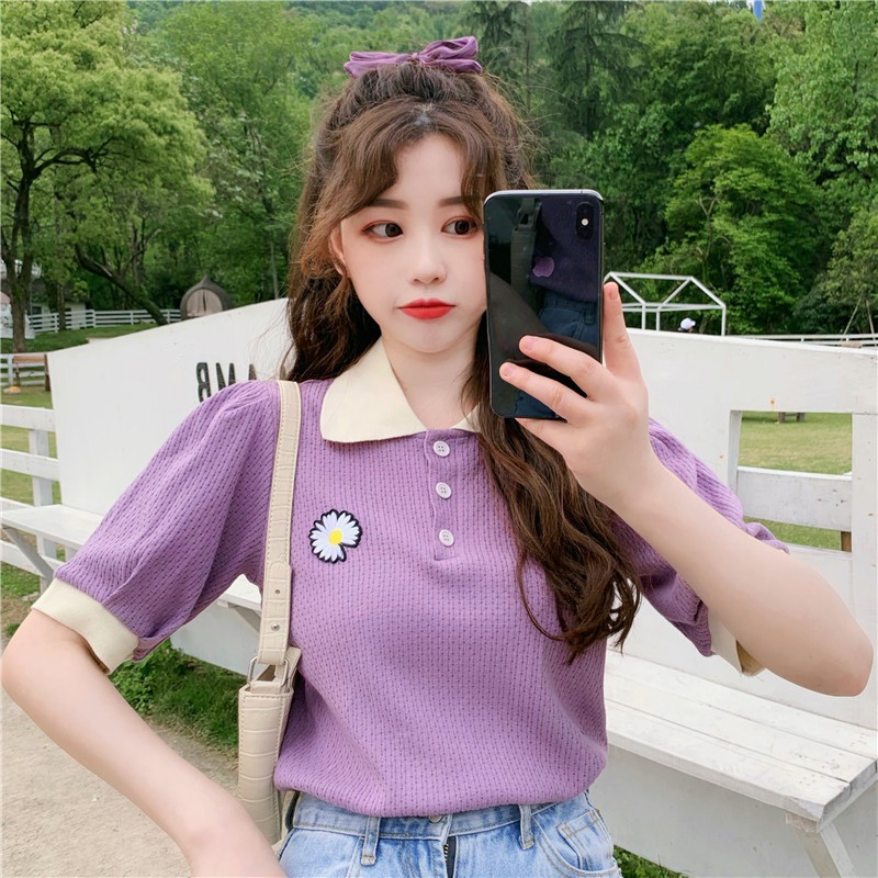 Áo thun Polo tay ngắn in họa tiết hoa cúc dễ thương xinh xắn cho nữ | BigBuy360 - bigbuy360.vn