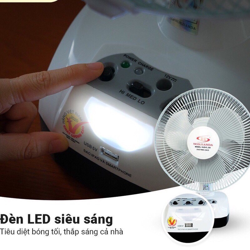 Quạt Sạc Tích Điện,2 Chế Độ AC/DC,Có Đèn Led,Khe Sạc Điện Thoại Khẩn Cấp