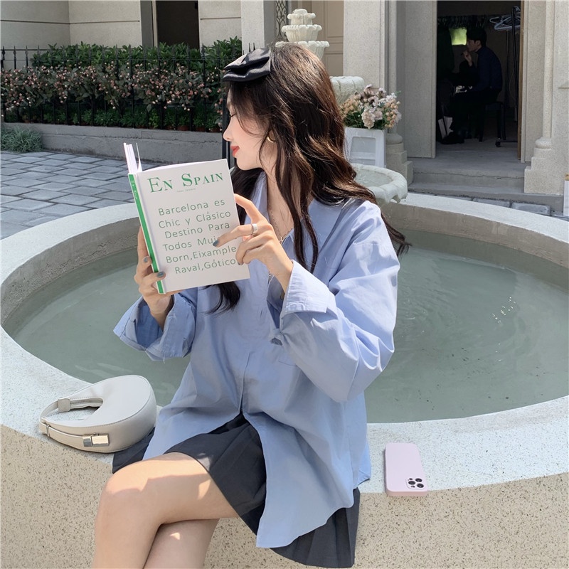 Áo sơ mi trắng tay dài cổ polo dáng rộng có khóa kéo đôi phong cách retro Mỹ thời trang cho nữ