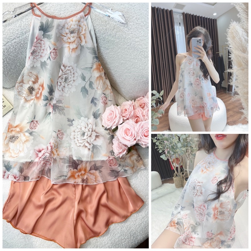 Set bộ mặc nhà áo yếm voan tơ , quần lụa ngắn xinh xắn