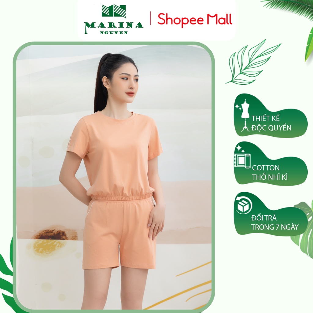 Đồ Bộ Nữ Mặc Nhà MARINA NGUYỄN Cotton Cao Cấp, Thiết Kế Cổ Tròn, Tay Ngắn, Bo Chun Gấu Áo, Vải Thoáng Mát 322006