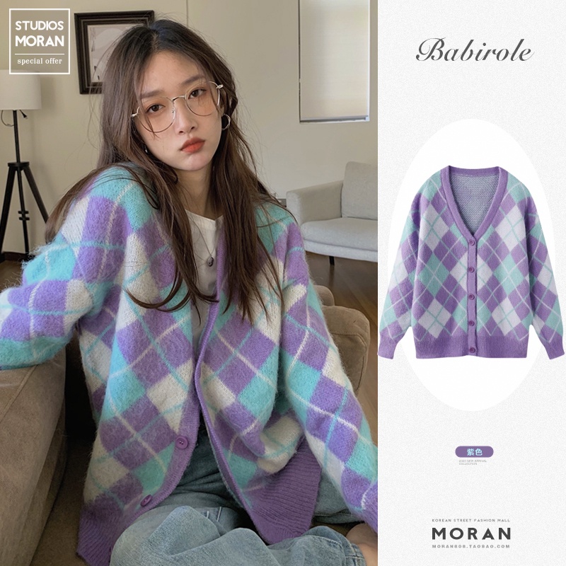 (ORDER) Áo khoác len cardigan MORAN màu tím xanh họa tiết kẻ ô kim cương form rộng dài Hàn Quốc