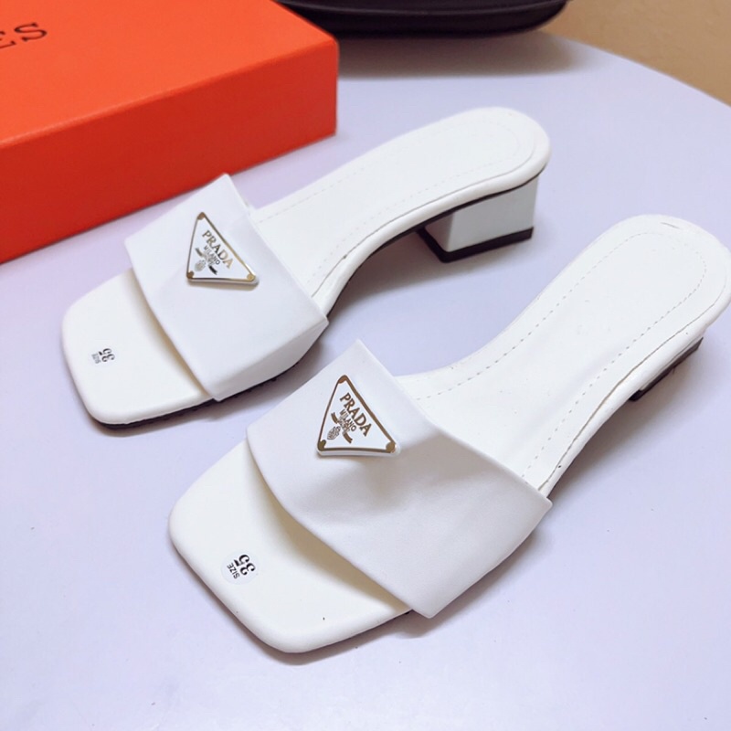 BÁN SỈ Dép cao gót quai bản tag Prad da lì gót vuông 4p-Ảnh thật
