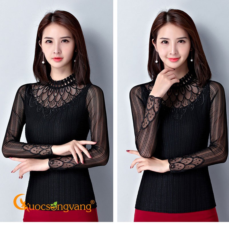 Áo kiểu ren màu đen áo thun lưới phối ren dài tay GLA203 Cuocsongvang