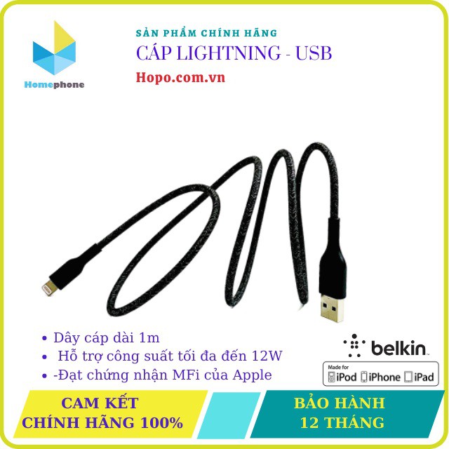 Cáp Belkin Playa Lightning To USB-A Sợi Kevlar Siêu Bền. Hỗ Trợ Sạc Nhanh. Đạt Chứng Nhận MFi Của Apple
