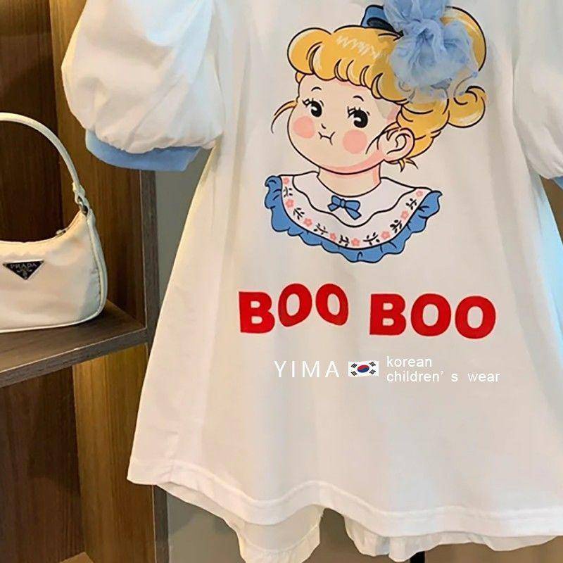 Đầm tay phồng viền ren in họa tiết hoạt hình phong cách Hàn Quốc phương Tây cho bé gái