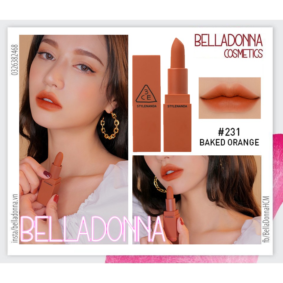 Son Lì 3CE Mood Recipe Matte Lip Color #231 Baked Orange – Cam Cháy Pha Nâu