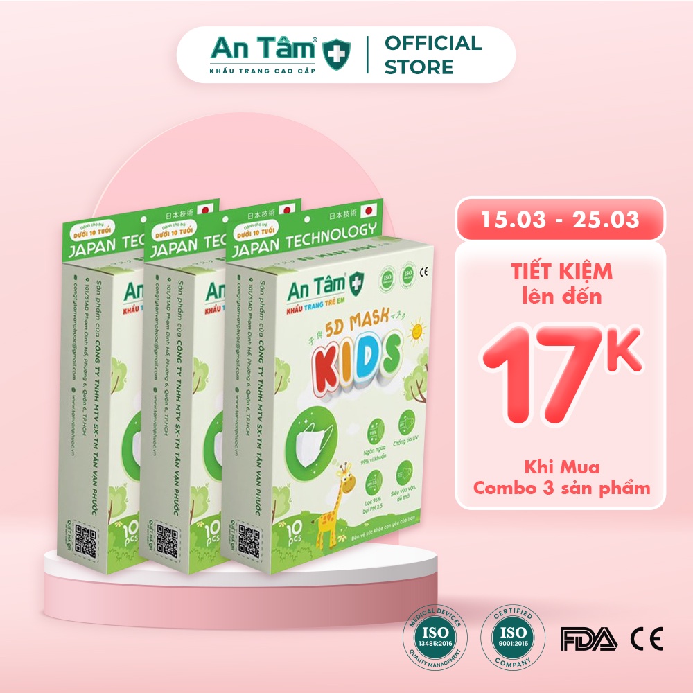 Combo 3 hộp khẩu trang y tế cho bé 5D 3 lớp Vải Không Dệt &amp; Giấy Kháng Khuẩn - Chính Hãng AN TÂM - Hộp 10 cái