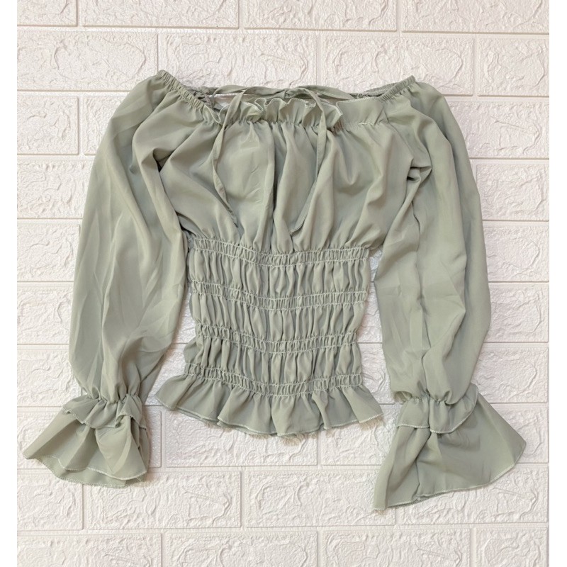 Áo kiểu nhún bo eo kèm dây cột nơ, vải voan đẹp