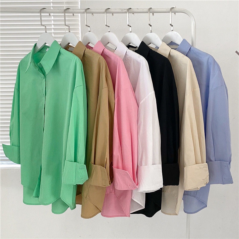 Áo sơ mi tay dài dáng rộng màu trơn phong cách Hàn Quốc thời trang xuân thu cho nữ