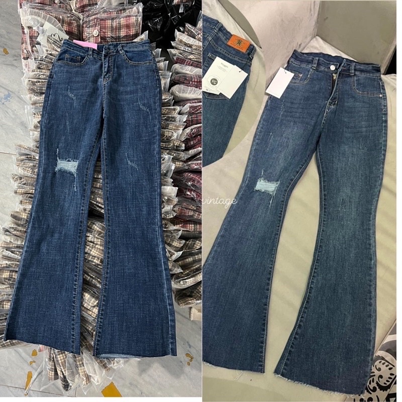 [Ảnh thật/Video]Quần Jean ống loe cào nhẹ hai màu xanh nhạt và xanh đậm