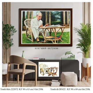 Tranh thêu chữ thập bác hồ ngồi ghế mây 222072 90x63cm