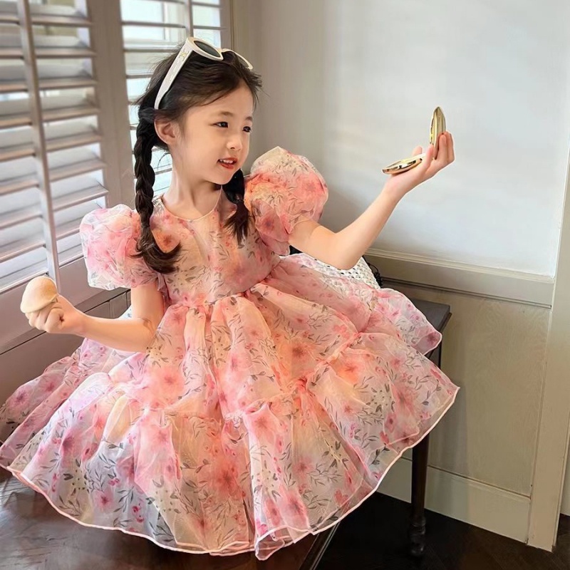 Đầm Tay Phồng Phối Lưới Họa Tiết Hoa Hồng Dễ Thương Thời Trang Mùa Hè Cho Bé Gái