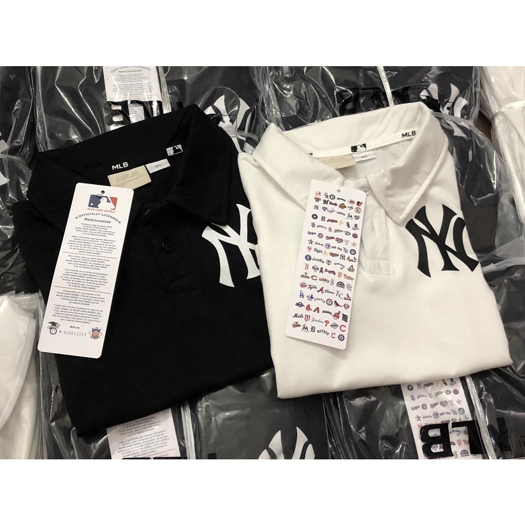 Áo polo cộc tay bé trai - Áo cộc tay cổ polo MLB đen &amp; trắng cho bé trai size 90-150