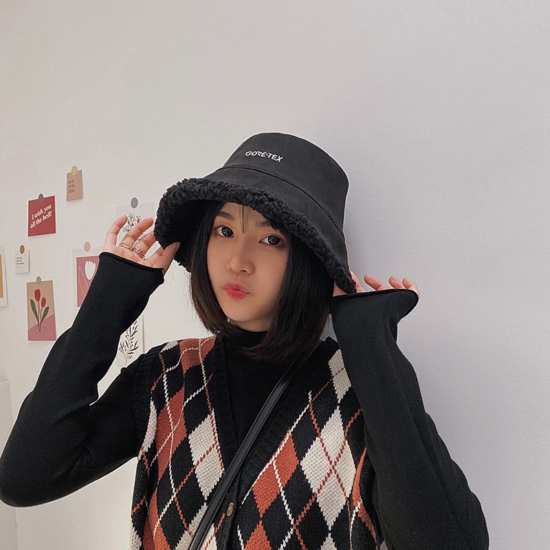 Nón Vải Bucket Phối Viền Lông Cừu Goretex Korea Style