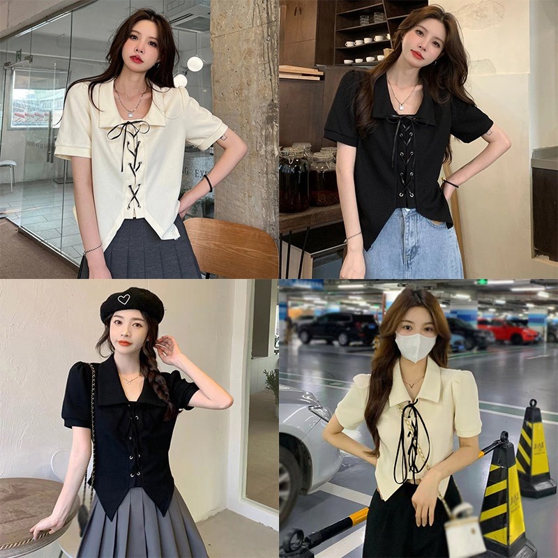 Áo Sơ Mi Tay Ngắn Phồng Phối Cà Vạt Phong Cách Retro Dành Cho Nữ