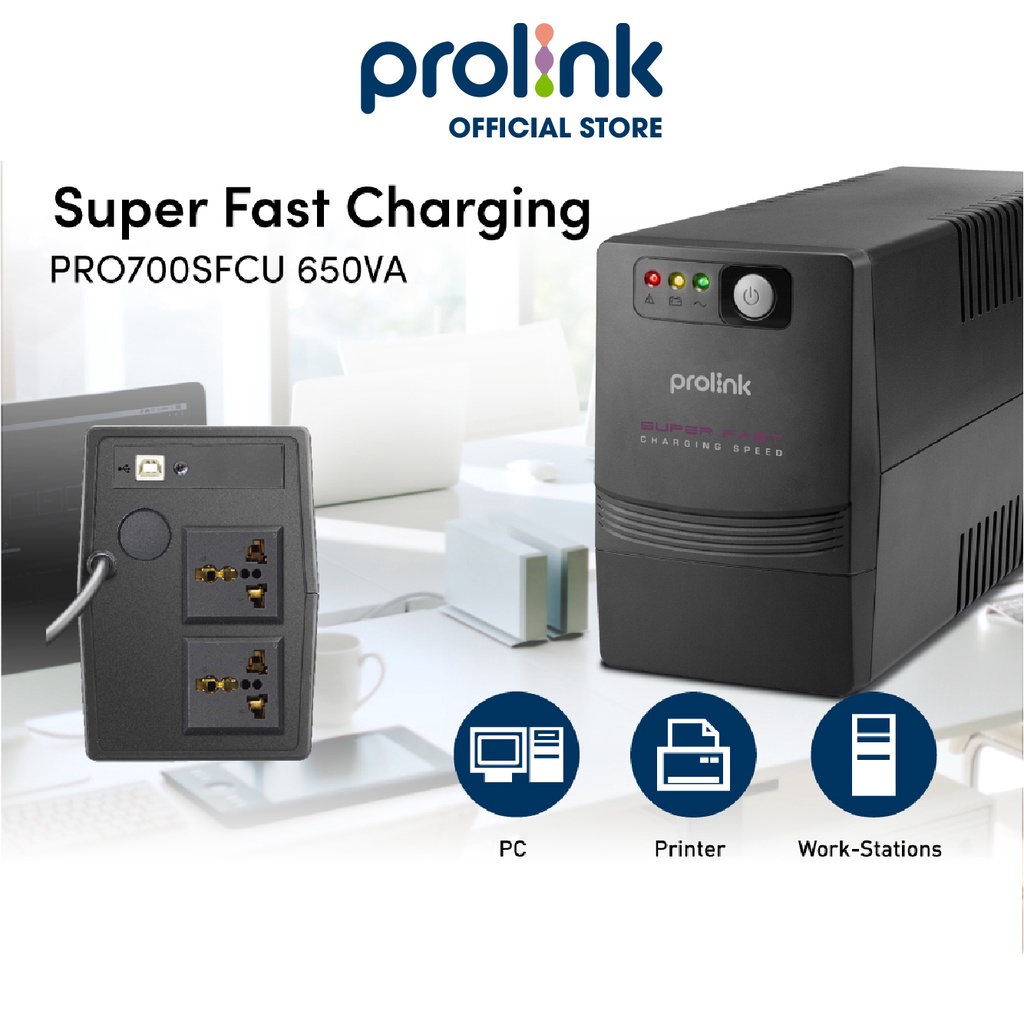 Bộ Lưu Điện UPS PROLiNK PRO700SFC (650VA) Công Suất 360W, Sạc Siêu Nhanh, Dùng Cho PC, Wifi, Camera - Bảo Hành 2 Năm