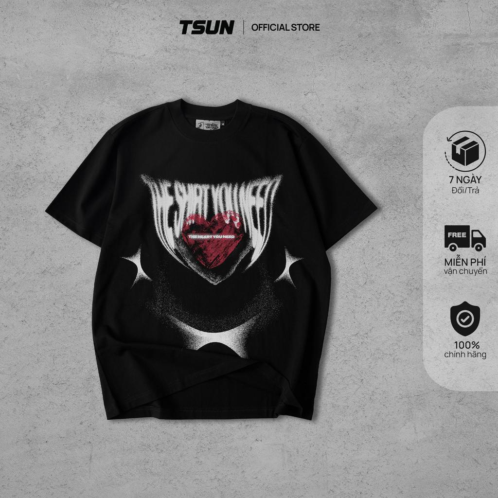 Áo Thun TSUN Heart Tee - Đen - [UNISEX] - In Kéo Lụa - Thêu Tay Áo