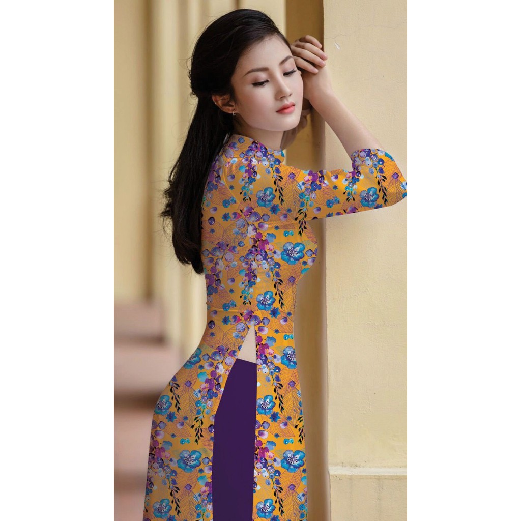 ÁO DÀI TRUYỀN THỐNG IN HOA NHÍ 05 CAO CẤP - KHÔNG KÈM QUẦN