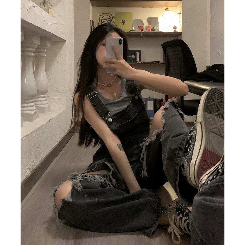 Jiashucheng Hàng Có Sẵn Quần Yếm Jean Rách Lưng Cao Dáng Ôm Phong Cách Mới Mùa Hè Dành Cho Bạn Nữ Fema