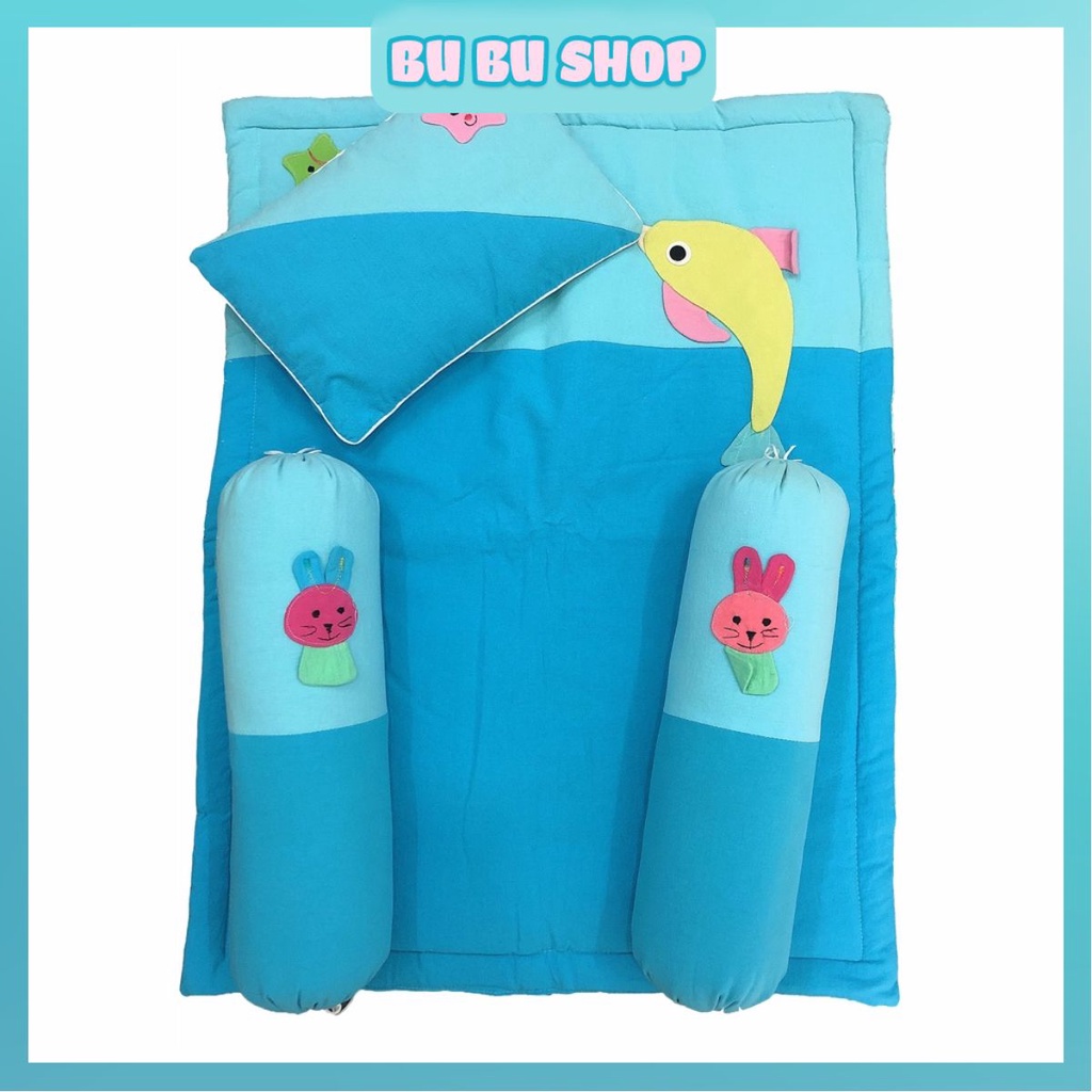 Bộ nệm gối cho bé 4 món cao cấp dành cho trẻ từ 1- 24 tháng tuổi, vải cotton mềm thấm hút tốt dày êm