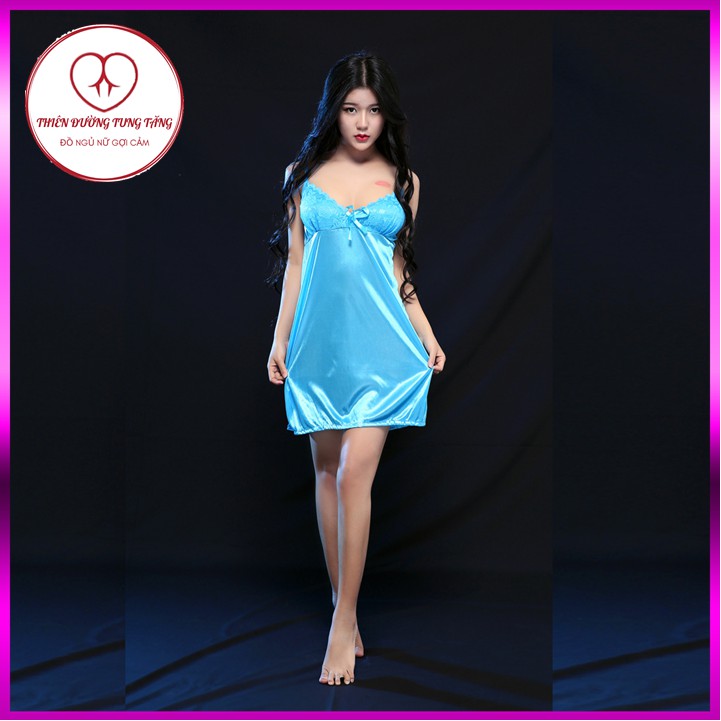 Đầm ngủ Váy ngủ sexy hai dây màu trơn xanh gợi cảm cho nữ s08